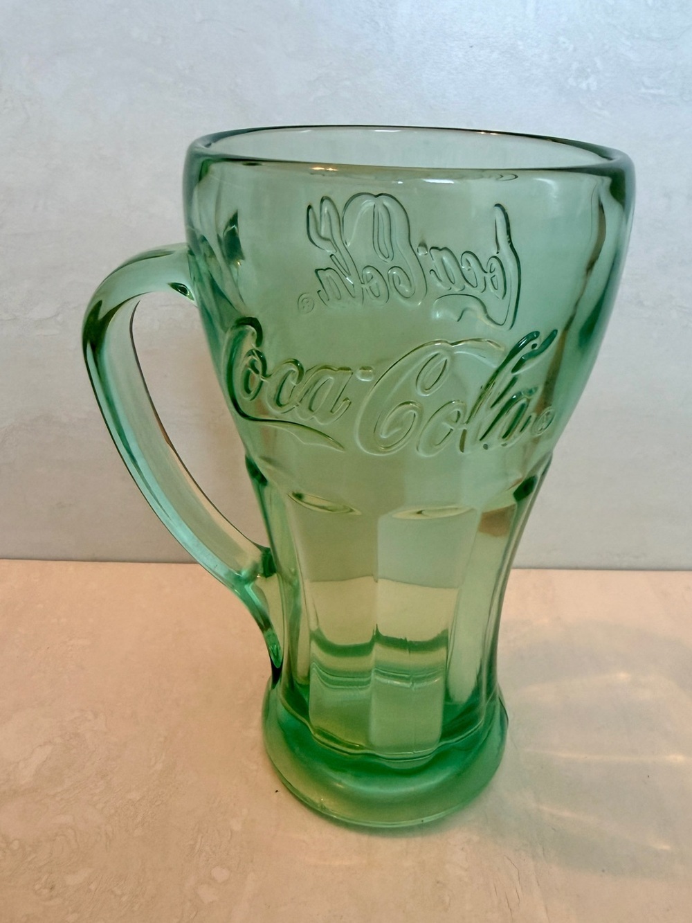 Vintage Coca Cola Green Embossed Glass Mug 6” Tall Heavy Handle Glass 70's